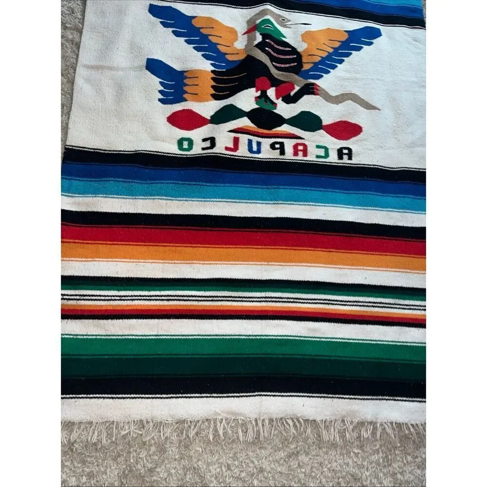 Vintage Mexican Serape Saltillo Woven Blanket Rug 80’/48’ Thunderbird with Snake